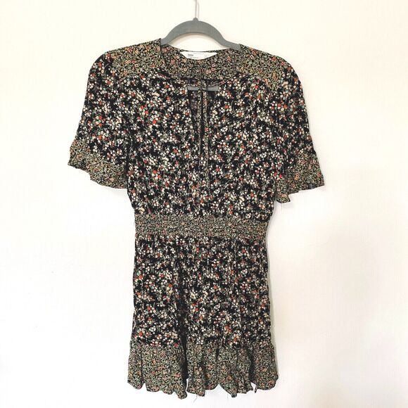 Zara Peasant Boho Black Multi Floral Tiered Ruffle Mini Sundress Tie Front Small - Picture 5 of 12